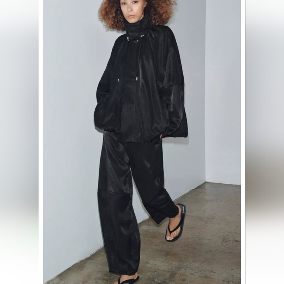 Zara Zw Collection Oversized Fluid High Neck Black Bomber Jacket Sz-S - Picture 7 of 9